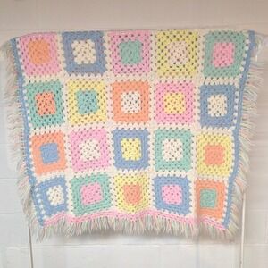 Handmade Bright Multi Color Crochet Granny Square Baby Blanket Fringed Afghan